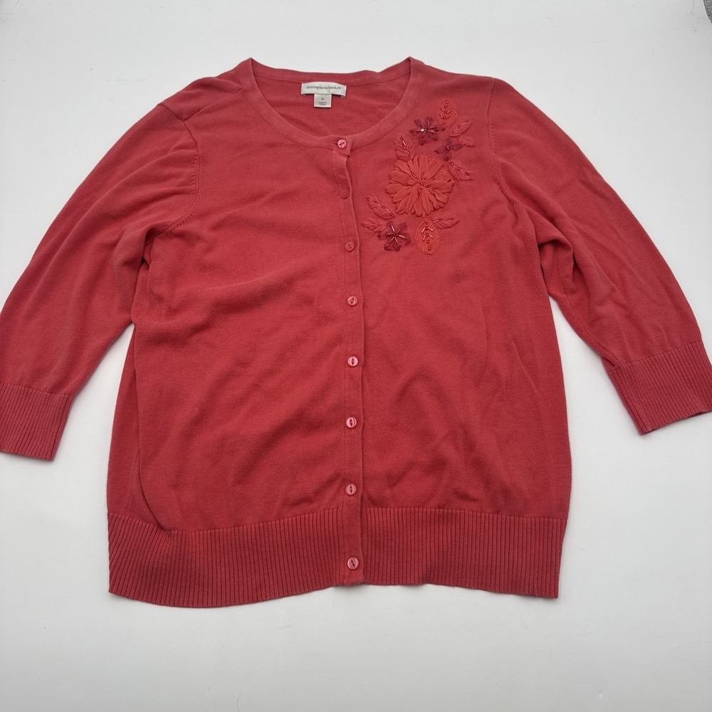 Christopher & Banks Coral Pink Floral Appliqué Cardigan XL Cottage Core Cutesy